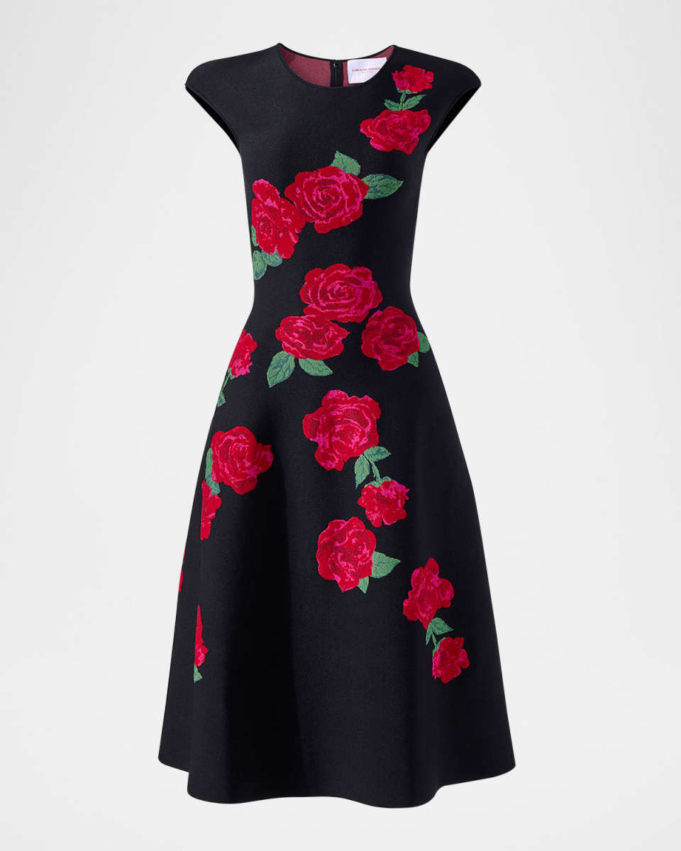 Floral Jacquard Cap-Sleeve Knit Flare Dress